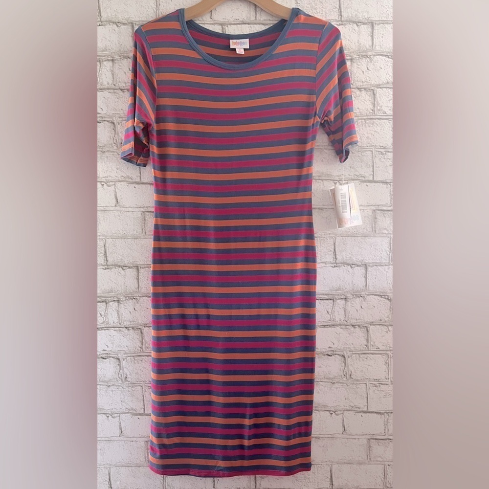 NEW!!! Lularoe Julia Striped Midi Dress Stretchy Size Small Pink Blue Orange